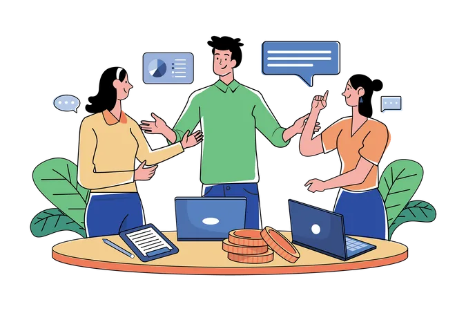 Group Of Employees Discussing Work At The Desk  Illustration