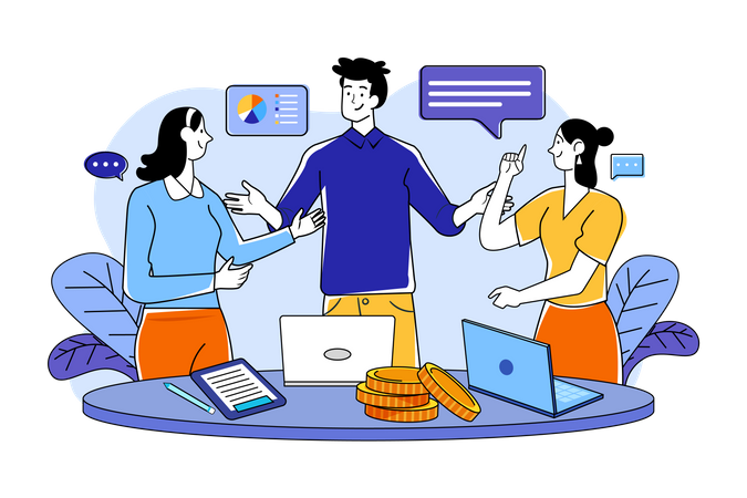 Group of employees discussing work at the desk  Illustration