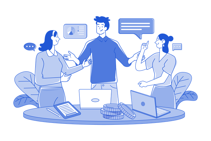 Group Of Employees Discussing Work At The Desk  Illustration