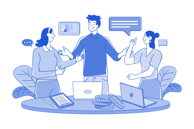 Group Of Employees Discussing Work At The Desk  Illustration