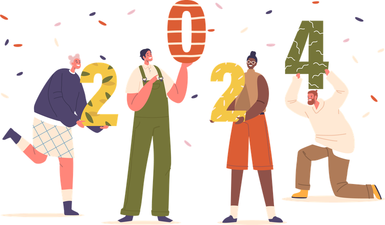 Group of Excited Friends Hold 2024 Numbers  Illustration
