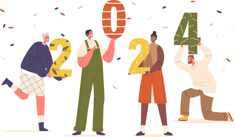 Group of Excited Friends Hold 2024 Numbers  Illustration