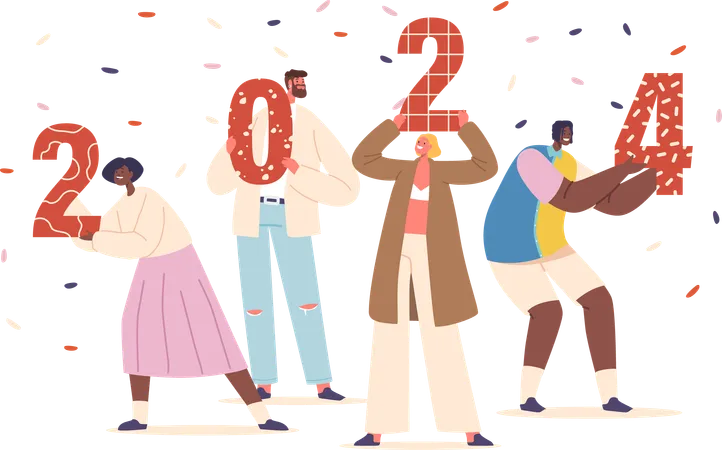 Group Of Excited Friends Or Colleague Characters Faces Beaming With Hope Hold Colorful 2024 Numbers Anticipating The Upcoming Year With Positivity And Enthusiasm Cartoon People Vector Illustration Illustration