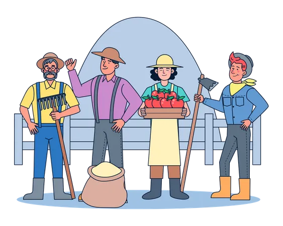 A Group Of Farmers Farming Growing Vegetables Growing Rice Raising Animals And Doing Mixed Farming Harvest Seasonal Crops And Sell Them To Customer Who Have Ordered Them Vector Flat Illustration イラスト