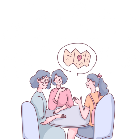 Group of female friends discuss travel destination  Illustration