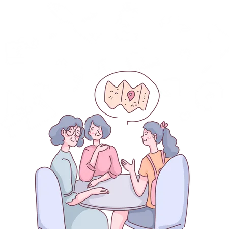 Group of female friends discuss travel destination  Illustration