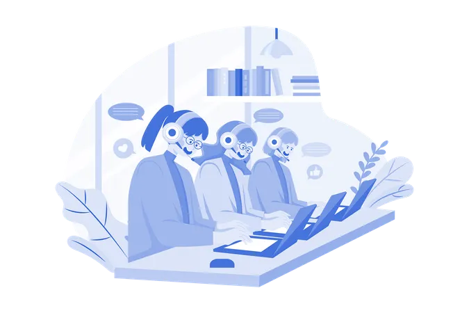 Group Of Female Operators Working At Call Center Illustration