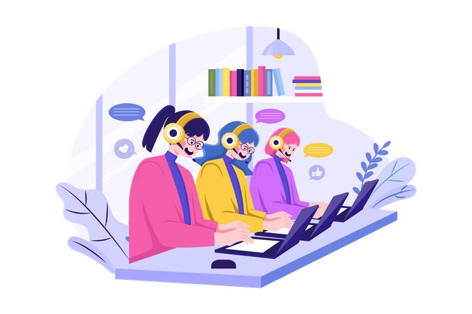 Group of Female Operators Working at Call Center Illustration
