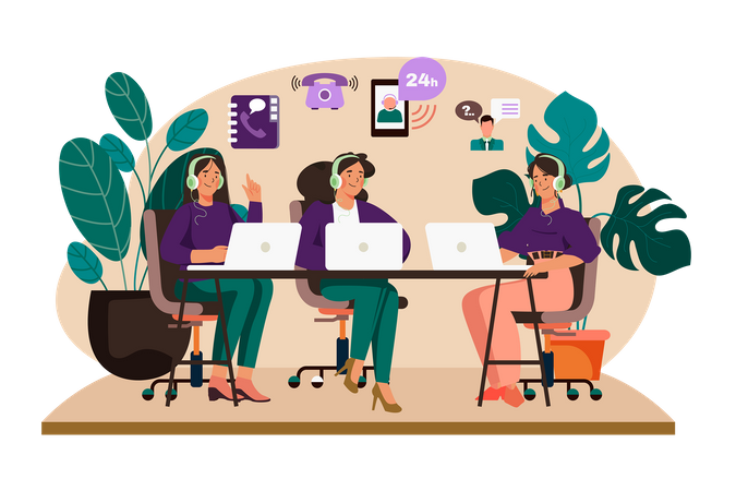 Group of Female Operators Working at Call Center  Illustration