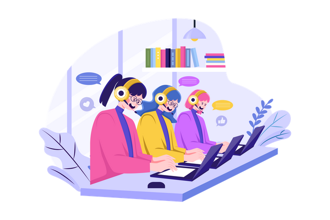 Group of Female Operators Working at Call Center  Illustration