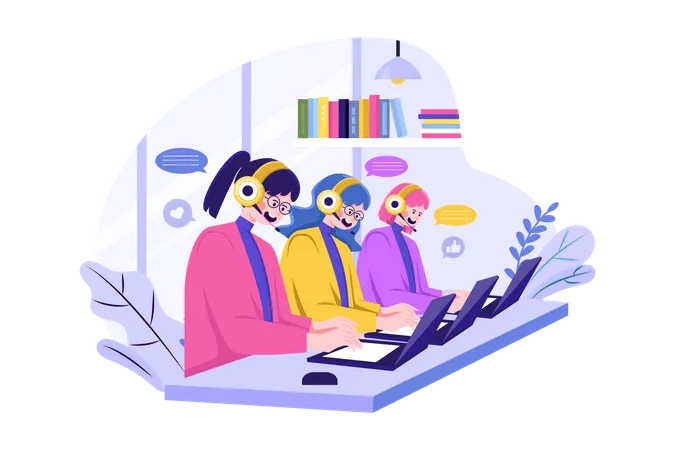 Group of Female Operators Working at Call Center  Illustration