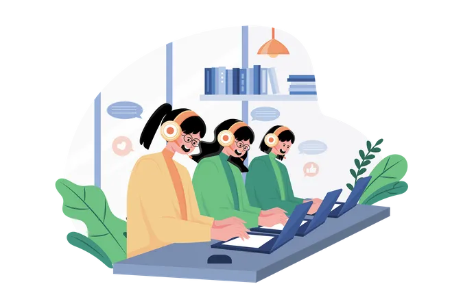 Group of Female Operators Working at Call Center  Illustration