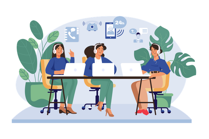 Group of Female Operators Working at Call Center  Illustration