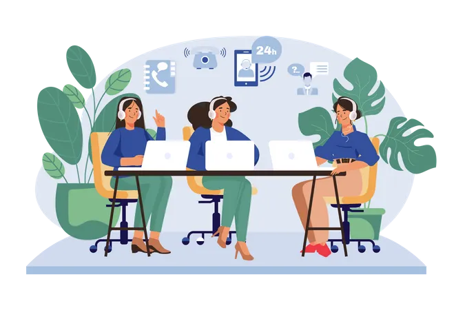 Group of Female Operators Working at Call Center  Illustration