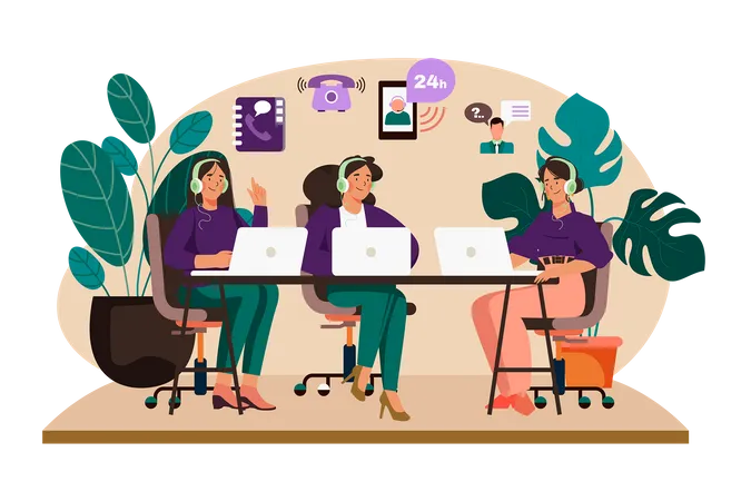 Group of Female Operators Working at Call Center  Illustration