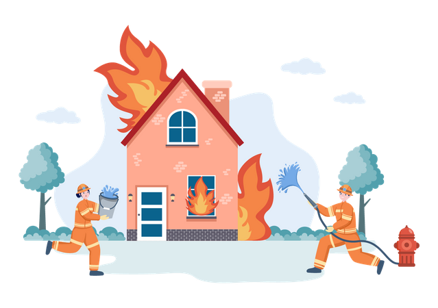Group of Firefighters Dealing with fire emergency on house  Illustration