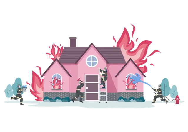 Group of Firefighters Dealing with fire emergency on house Illustration