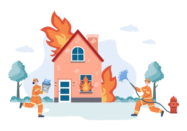 Group of Firefighters Dealing with fire emergency on house  Illustration