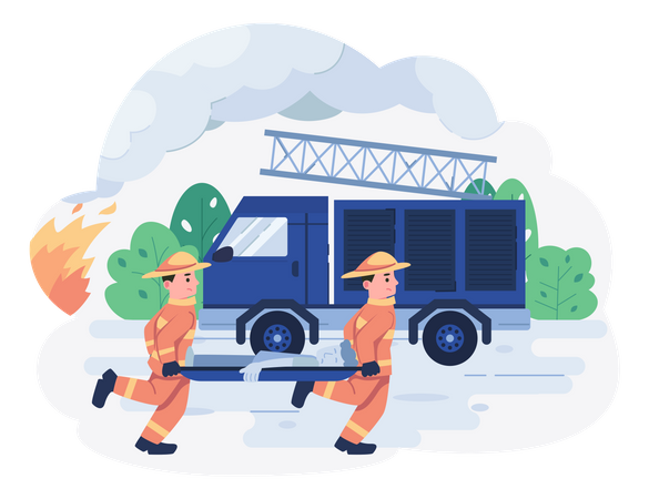 Group of firefighters saving man burned with fire  Illustration
