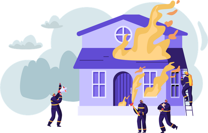 Group of Firemen Fighting with Blaze at Burning House  Illustration