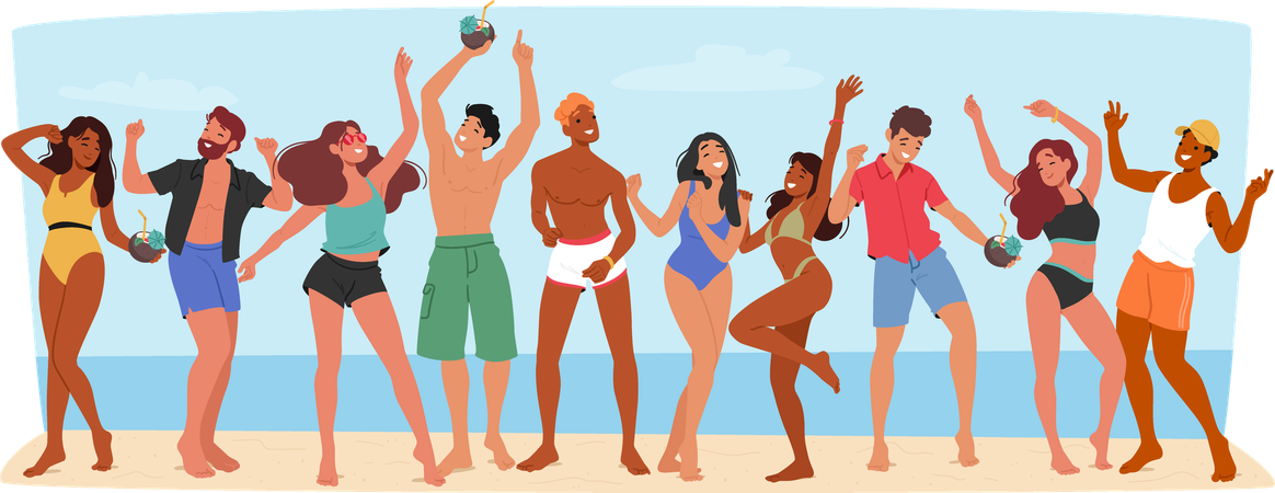 Group Of Friends Dancing And Laughing Together In Beach Party  Illustration