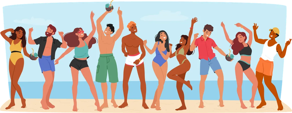 Group Of Friends Dancing And Laughing Together In Beach Party  Illustration