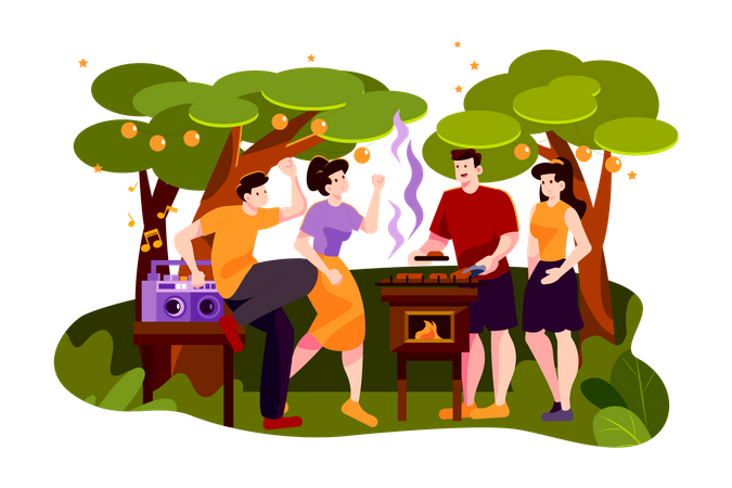 Group of friends dancing at outdoor barbecue party  Illustration