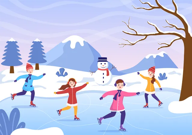 Group of friends doing ice skating at frozen lake Illustration