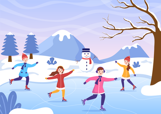 Group of friends doing ice skating at frozen lake  Illustration