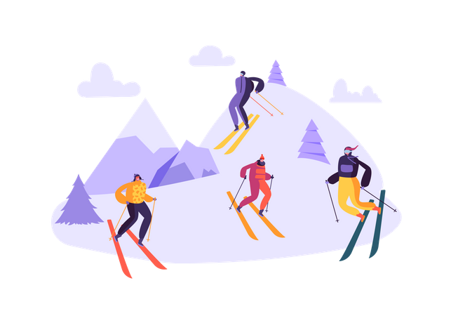 Group of friends enjoying skiing  Illustration