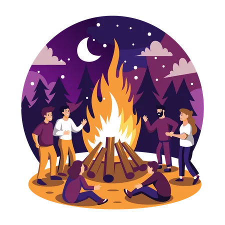 Group of friends gathered at campfire night in forest under starry night sky with crescent moon  Illustration