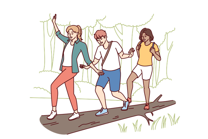 Group of friends participate in hike balancing on log thrown across river instead of bridge  Illustration