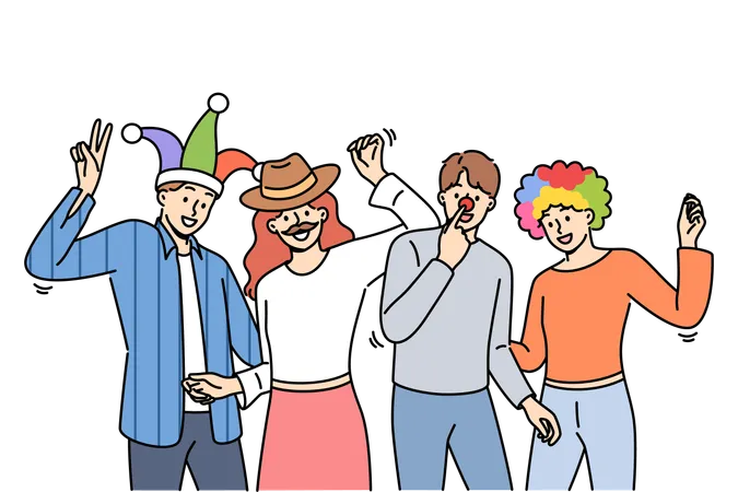 Group Of Friends Participating In Masquerade With Funny Hats Or Fake Mustaches Dancing And Enjoying Festive Party Young Men And Women Enjoy Relaxing Together At Student Party After End Of Session Illustration