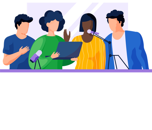 Group of friends recording video on laptop camera while speaking into microphones  Illustration