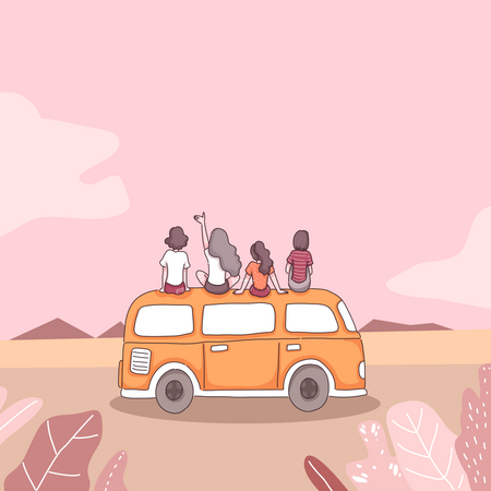 Group of friends sitting on van Illustration