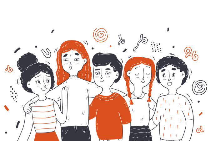Group of friends standing while hugging each other  Illustration