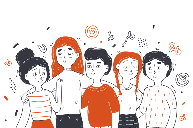 Group of friends standing while hugging each other  Illustration