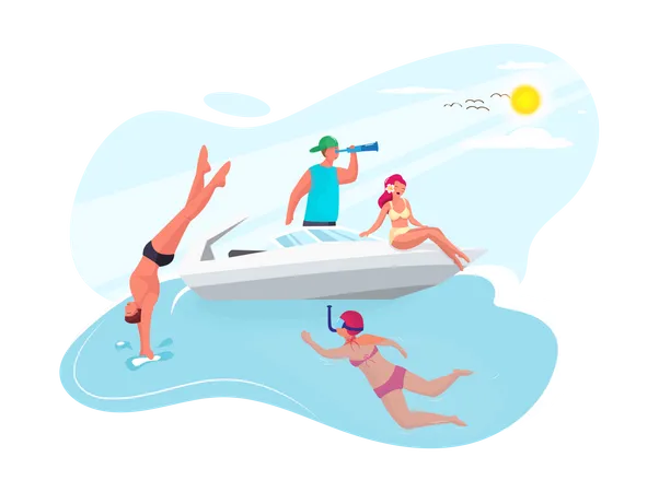 Group of friends swimming in sea  Illustration