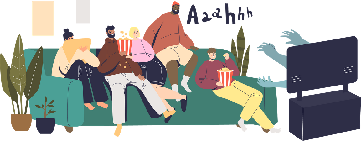Group of friends watching horror movie together Illustration