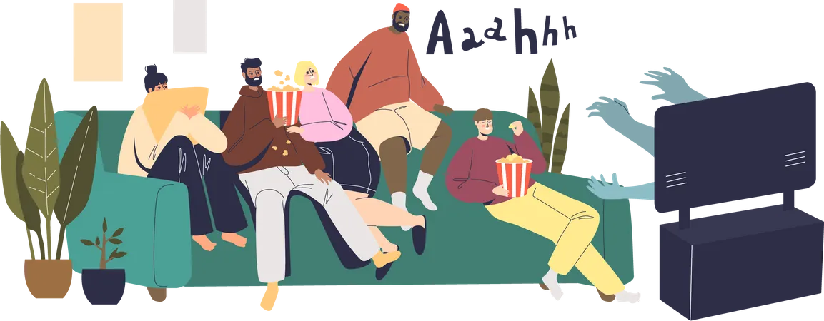 Group of friends watching horror movie together Illustration