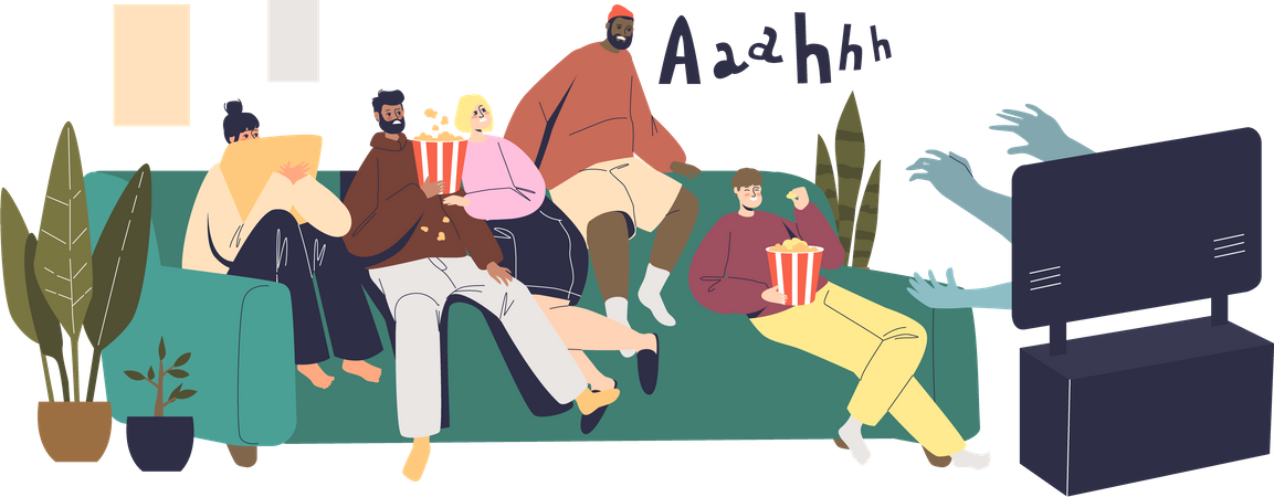 Group of friends watching horror movie together  Illustration