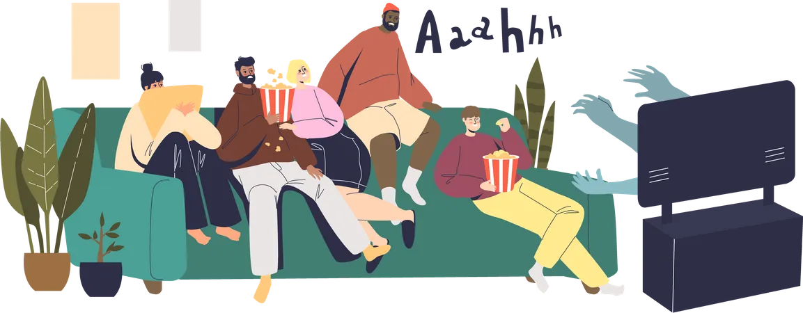 Group of friends watching horror movie together  Illustration