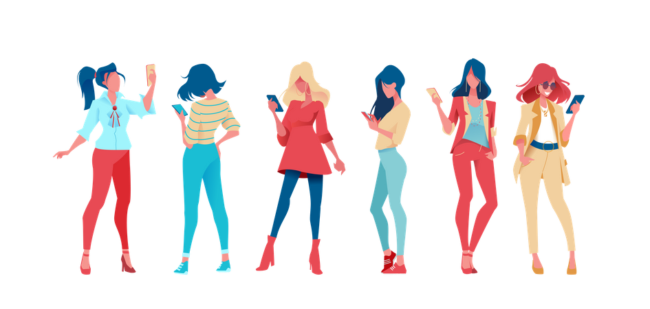 Group of girls using mobile  Illustration