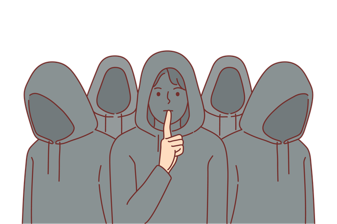 Group of hackers in hoods makes silent gesture trying to commit cyber crimes without unnecessary noise  Illustration