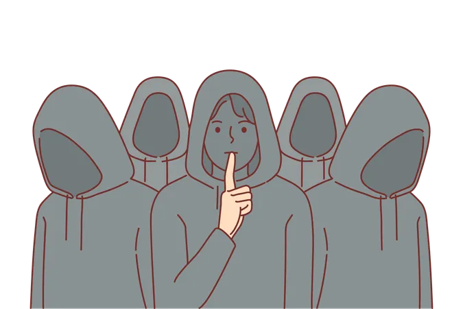 Group Of Hackers In Hoods Makes Tss Gesture Trying To Commit Cyber Crimes Without Unnecessary Noise And Attention From Police Team Of Anonymous Hackers Hacking Websites And Software To Extort Money Illustration