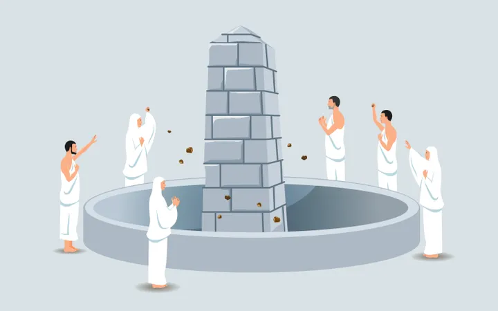 Group Of Hajj Pilgrims Stoning Devil Pillar  Illustration