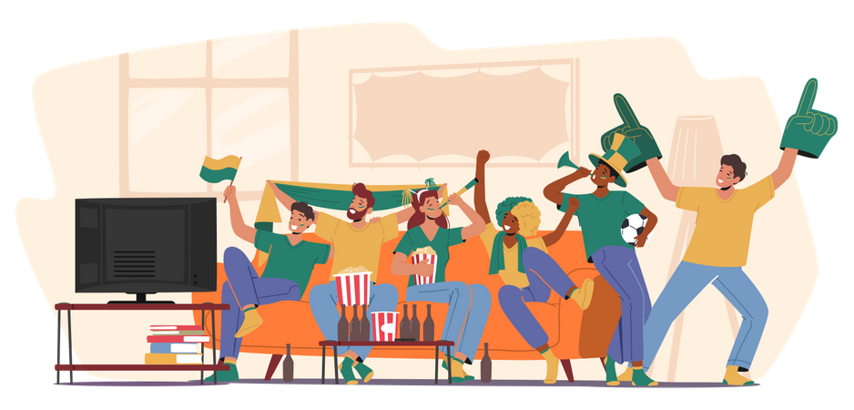 Group of happy fans cheering for their team victory  Illustration