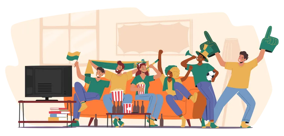 Group Of Happy Fans Cheering For Their Team Victory And Success Male And Female Characters With Funny Attribution And Uniform Sitting On Couch Front Of Tv Set Cartoon People Vector Illustration Illustration