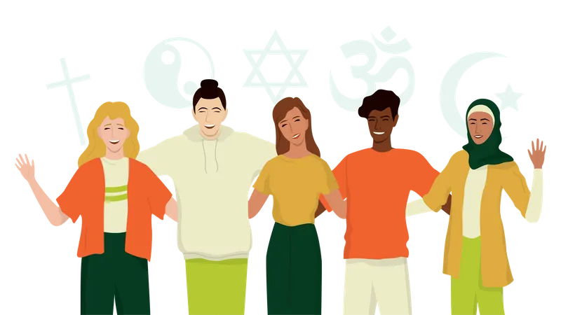 Group of happy friend of different religion  Illustration