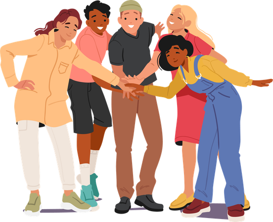 Group of happy friends stacking hands together showcasing unity and friendship  Illustration